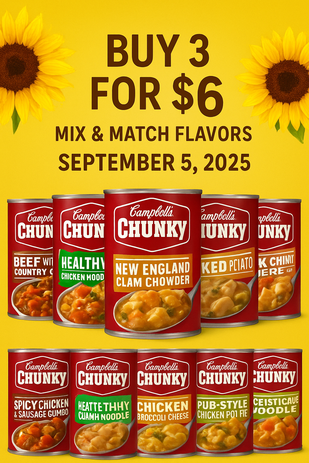 Campbell’s Chunky Soup cans – Buy 3 for $6, mix and match flavors