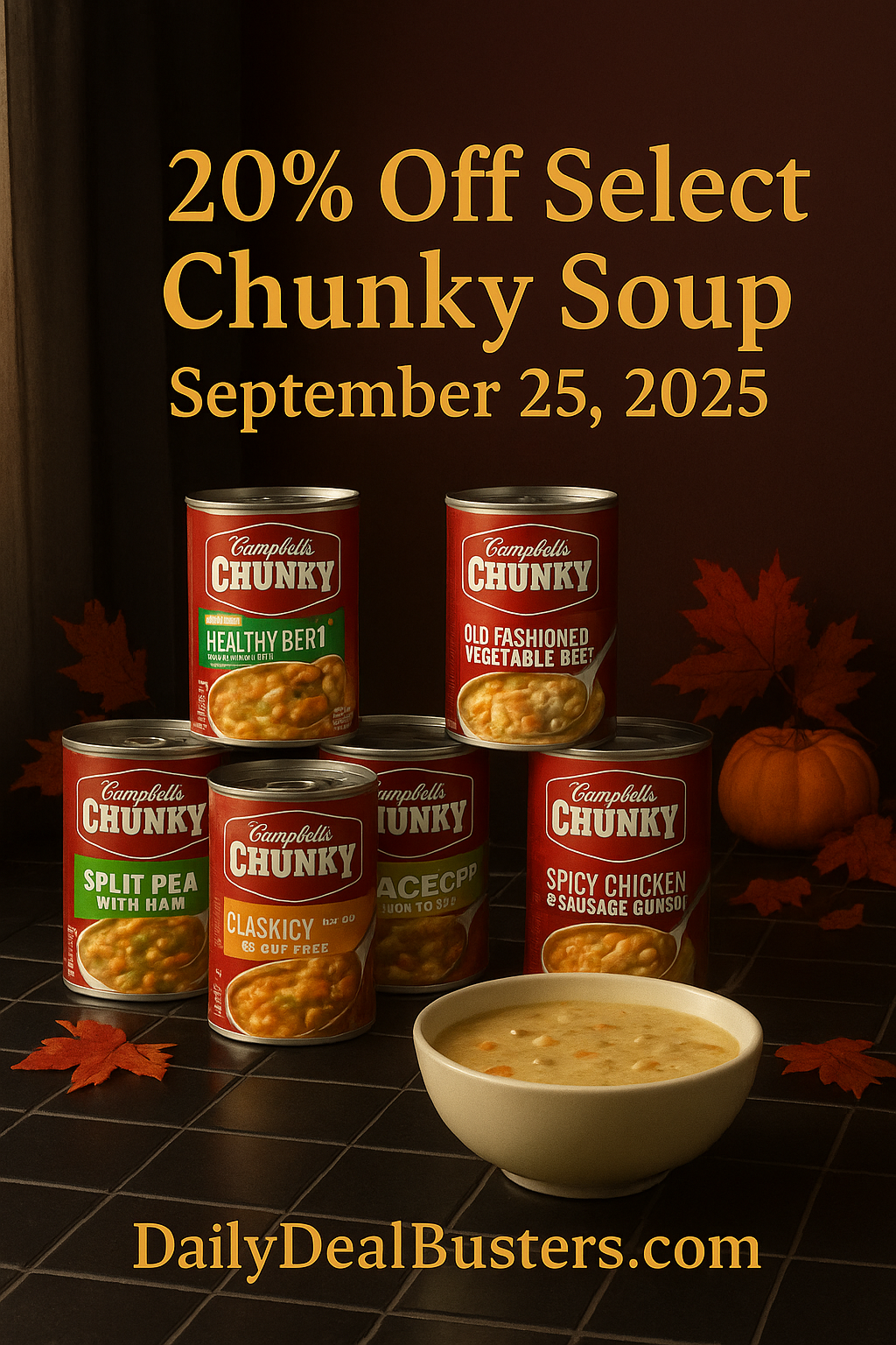 Campbell’s Chunky Soup cans with fall-themed kitchen backdrop, highlighting today’s 15% off deal