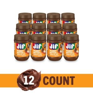 “Jar of Jif Peanut Butter & Chocolate spread with spoon and crackers beside it”