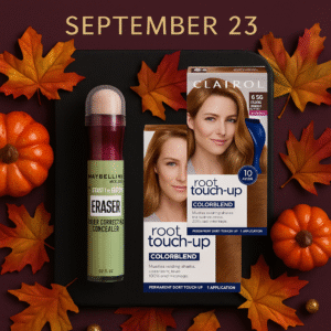 Promo image showing Maybelline Fit Me foundation, Clairol Root Touch-Up products, and Maybelline concealer with fall theme.
