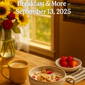 Sunflower and navy themed graphic with coffee, cereal, snacks, and books representing a morning routine, with text “Buy One Get 50% Off 107 Items – Breakfast & More – September 13, 2025 – DailyDealBusters.com.”