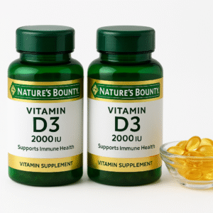 Nature’s Bounty Vitamin D3 softgels twin pack on a white background with a glass dish of softgels beside it
