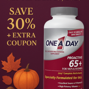 One A Day Proactive 65+ Multivitamin bottle with discount and coupon deal highlighted