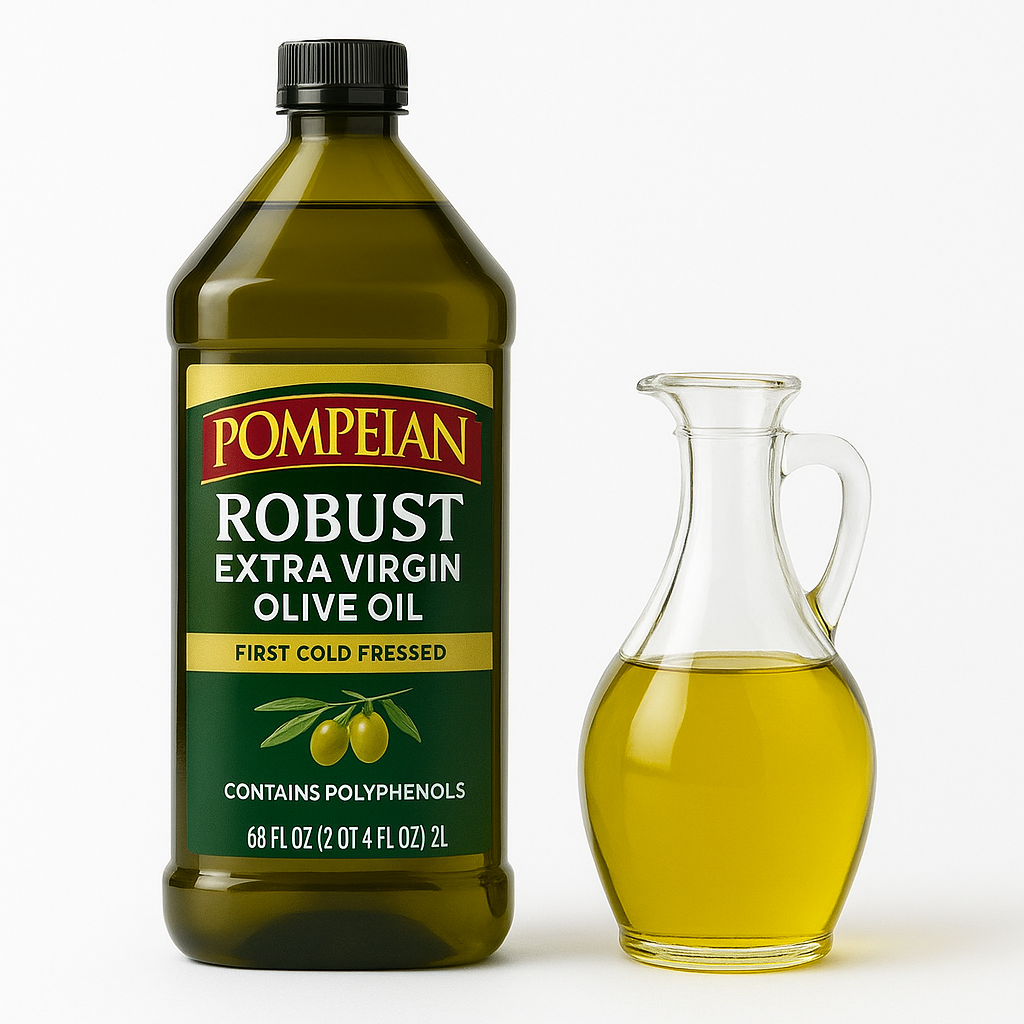 Pompeian Robust Extra Virgin Olive Oil 68 Fl Oz bottle with bold flavor, first cold pressed and polyphenol rich