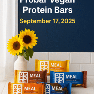Probar Vegan Protein Bars in assorted flavors with sunflower-themed background and 25% off daily deal text