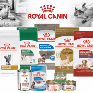 Royal Canin dog and cat food products featuring pet nutrition formulas for puppies, kittens, adult pets, and senior animals