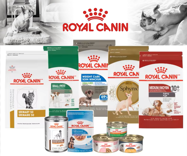 Royal Canin dog and cat food products featuring pet nutrition formulas for puppies, kittens, adult pets, and senior animals