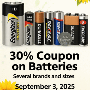 Assorted Energizer, Rayovac, Duracell, and Eveready batteries in multiple sizes with “Battery Sale” text