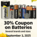 Assorted Energizer, Rayovac, Duracell, and Eveready batteries in multiple sizes with “Battery Sale” text