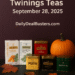 Twinings tea boxes and tins in a cozy fall-themed kitchen with pumpkins and leaves