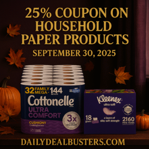 25% off coupon on Cottonelle, Kleenex, Viva, and Scott household paper products – September 30, 2025