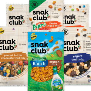Snak Club snacks including trail mix, nuts, gummies, and spicy snack blends featured in a winter-themed savings event