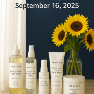 Tree to Tub Beauty Products displayed on a tiled counter with sunflowers and natural light – September 16 Daily Deal