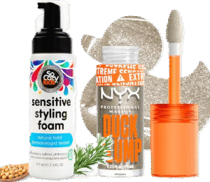 Beauty products including cosmetics, skincare, nail care, hair care, sunscreen, and self-care essentials featured in a promotional savings graphic.