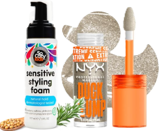 Beauty products including cosmetics, skincare, nail care, hair care, sunscreen, and self-care essentials featured in a promotional savings graphic.