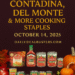 Fall-themed image with gold text announcing β15% Off Contadina, Del Monte & More Cooking Staples β October 14, 2025,β featuring canned fruits and vegetables on a dark plum counter with sunflowers and pumpkins.