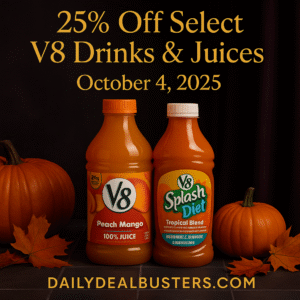 25% off V8 drinks and juices – fall themed deal graphic with pumpkins and leaves, October 4, 2025
