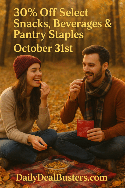Golden autumn snacks and pantry staples sale with text overlay “30% Off Select Snacks, Beverages & Pantry Staples – October 31st”