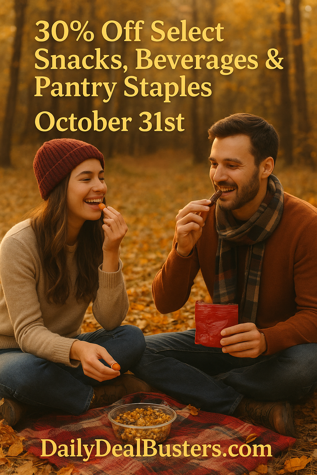 Golden autumn snacks and pantry staples sale with text overlay “30% Off Select Snacks, Beverages & Pantry Staples – October 31st”