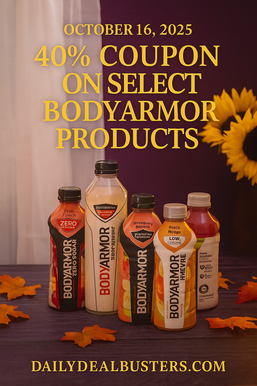 BODYARMOR Sports Drinks fall-themed promotional image with 40% off coupon text