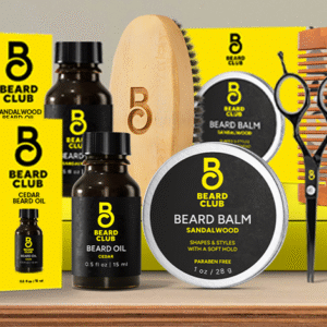 Beard Club grooming products promotion featuring beard-care products and grooming kits