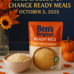 Ben’s Rice and Seeds of Change microwave pouches surrounded by fall leaves and pumpkins with text reading “15% Off Ben’s Rice & Seeds of Change Ready Meals – October 5, 2025.”