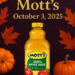 Fall-themed promotional image for Mottβs 20% coupon daily deal, October 3, 2025
