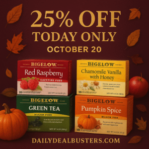 Bigelow Tea assorted varieties – Red Raspberry, Chamomile, Green Tea, Pumpkin Spice, and more, discounted 25% today