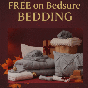 Fall bedding setup featuring Bedsure pillows, comforter, and mattress topper on a cozy bed with pumpkins and golden autumn tones.