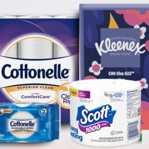 Cottonelle, Kleenex, and Scott household paper products featured in a promotional savings graphic.