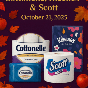 Cottonelle, Kleenex, and Scott paper products displayed with fall leaves and pumpkins.