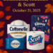 Cottonelle, Kleenex, and Scott paper products displayed with fall leaves and pumpkins.