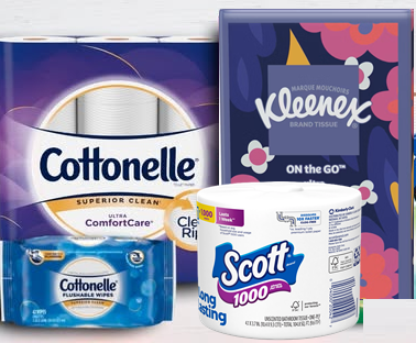 Household paper products including toilet paper, tissues, and wipes for everyday home use