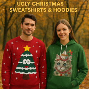 Two people wearing Gloria&Sarah ugly Christmas sweatshirts and hoodies in a fall park setting.