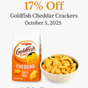 Bags of Goldfish Cheddar Crackers next to a white bowl filled with goldfish crackers on a clean white background, featuring DailyDealBusters.com watermark