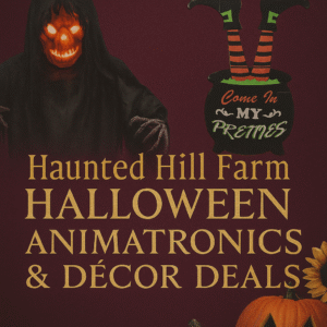 Haunted Hill Farm animatronics and Halloween décor on sale — spooky pumpkins, witches, and ghosts