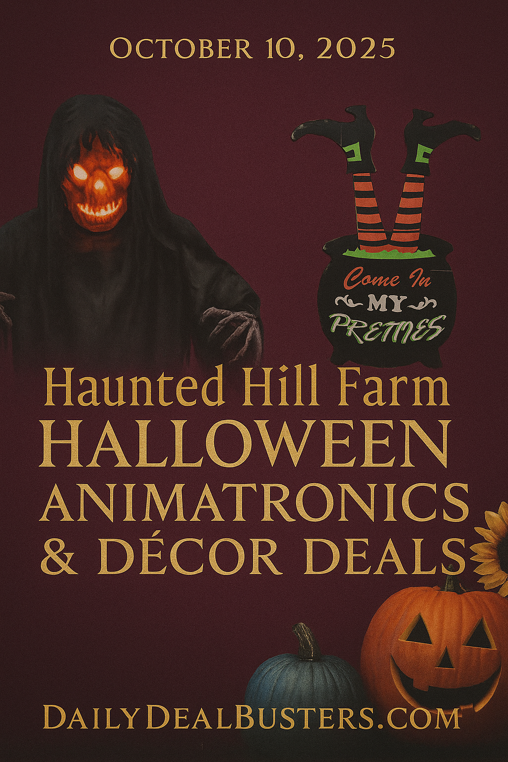 Haunted Hill Farm animatronics and Halloween décor on sale — spooky pumpkins, witches, and ghosts