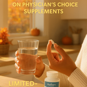 A person taking a supplement with a glass of water beside a Physician’s Choice Probiotic bottle in a sunny fall kitchen.