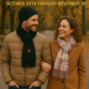 Rechargeable heated neck scarf with 3 heat levels on fall background