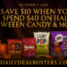 Gold text reading “Save $10 When You Spend $40 on Halloween Candy & More” with pumpkins, fall leaves, and Halloween candy on a dark plum counter with sheer curtains and the date “October 7, 2025” at the top.