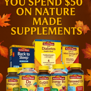 Nature Made supplements displayed on a dark plum counter with fall leaves, pumpkins, and gold accents — promoting $10 off $50 mix & match deal.