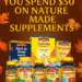 Nature Made supplements displayed on a dark plum counter with fall leaves, pumpkins, and gold accents β promoting $10 off $50 mix & match deal.