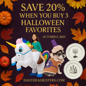 Fall-themed flat lay with Halloween candy, pumpkins, and gold “Save 20%” text.