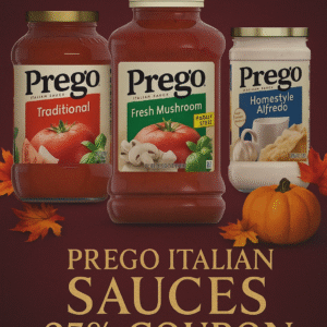 Prego Italian sauces on kitchen counter with pumpkins and fall leaves, gold text announcing 25% off coupon.