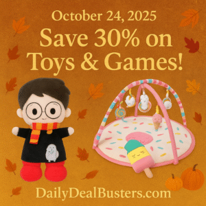 Fall toy and game deal display featuring plush doll and pastel baby play mat with playful fall accents