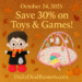 Fall toy and game deal display featuring plush doll and pastel baby play mat with playful fall accents