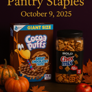 Fall-themed image with pumpkins, apples, and pantry staples—text reads “Save $5 on Pantry Staples, October 9, 2025.”