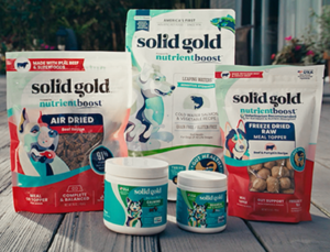 Graphic featuring Solid Gold pet food and wellness products for dogs and cats.