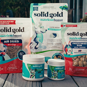 Graphic featuring Solid Gold pet food and wellness products for dogs and cats.