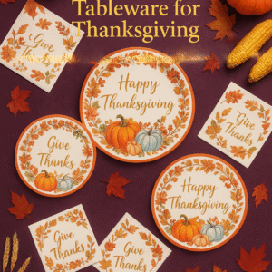 Thanksgiving disposable tableware set with pumpkins, fall leaves, and gold text on white background.